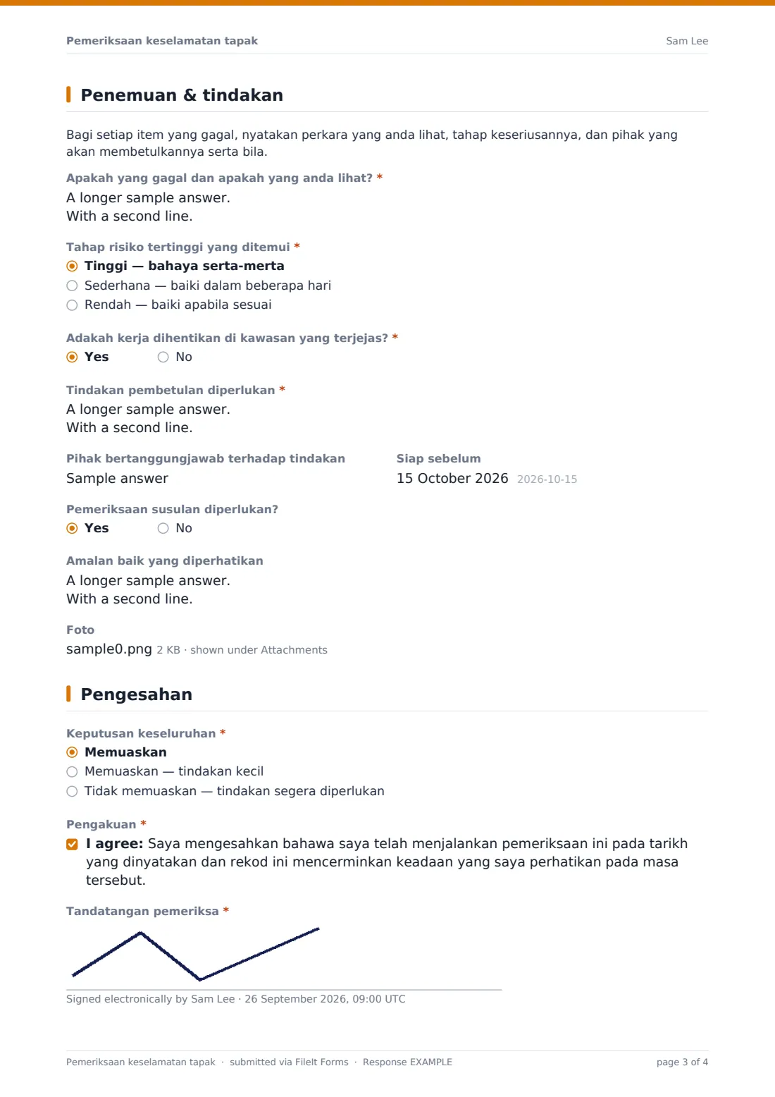 Pemeriksaan keselamatan tapak — PDF respons contoh, halaman 3 daripada 4