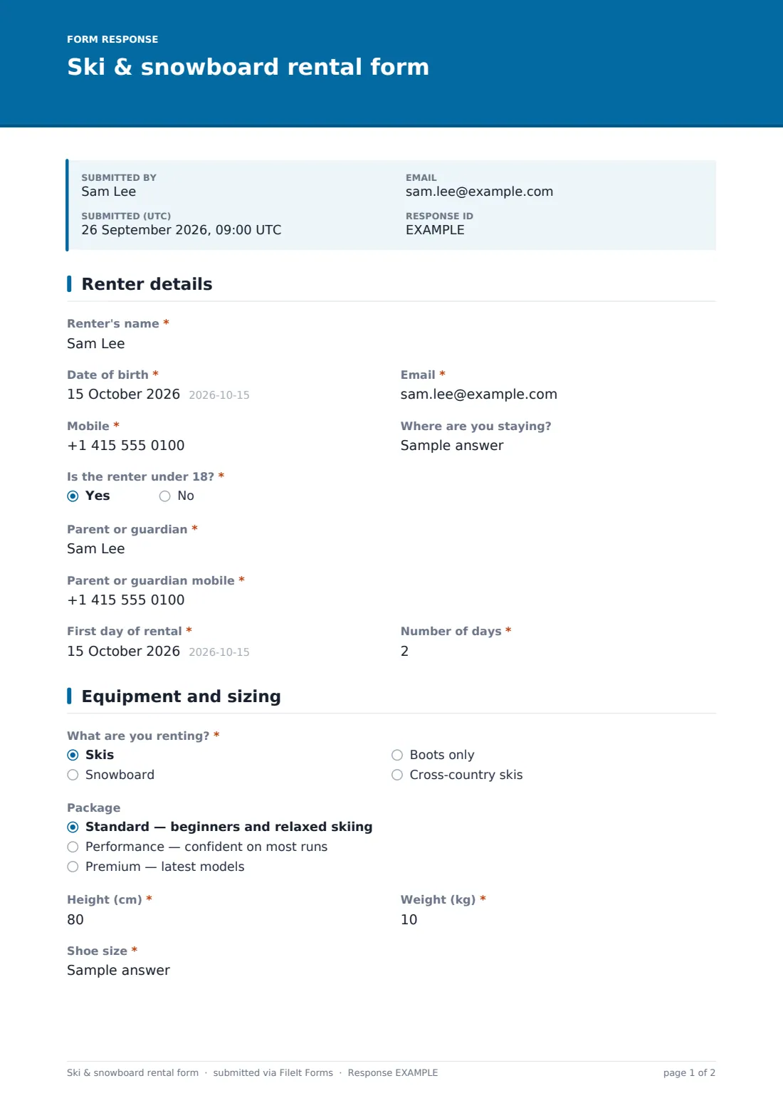 Ski & snowboard rental form — example response PDF, page 1 of 2
