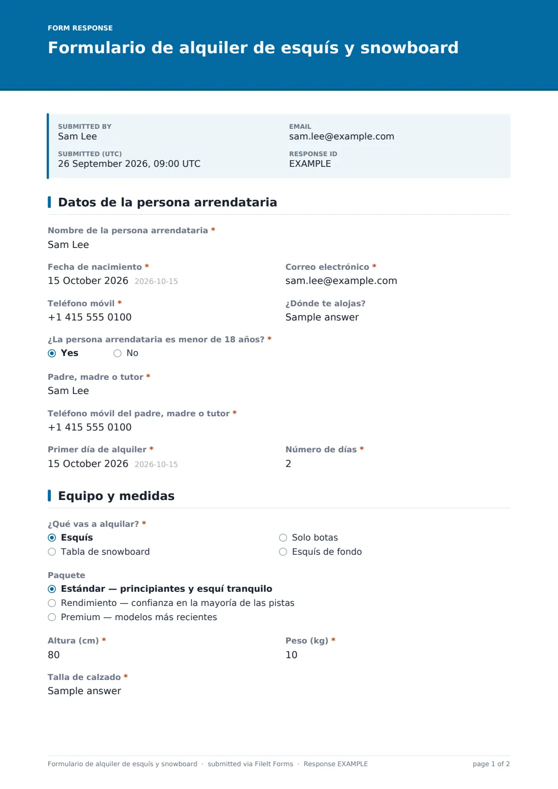 Formulario de alquiler de esquís y snowboard — PDF de respuesta de ejemplo, página 1 de 2