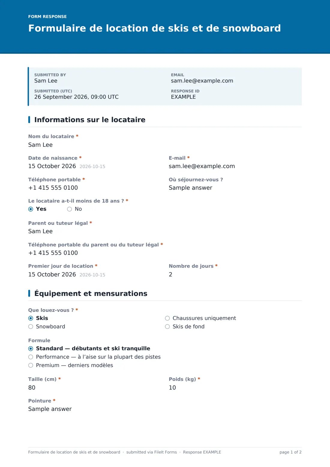 Formulaire de location de skis et de snowboard — exemple de réponse au format PDF, page 1 sur 2
