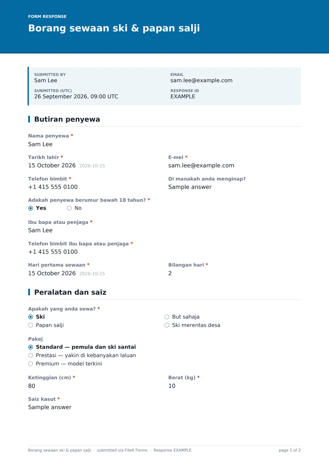 Borang sewaan ski & papan salji — PDF respons contoh, halaman 1 daripada 2