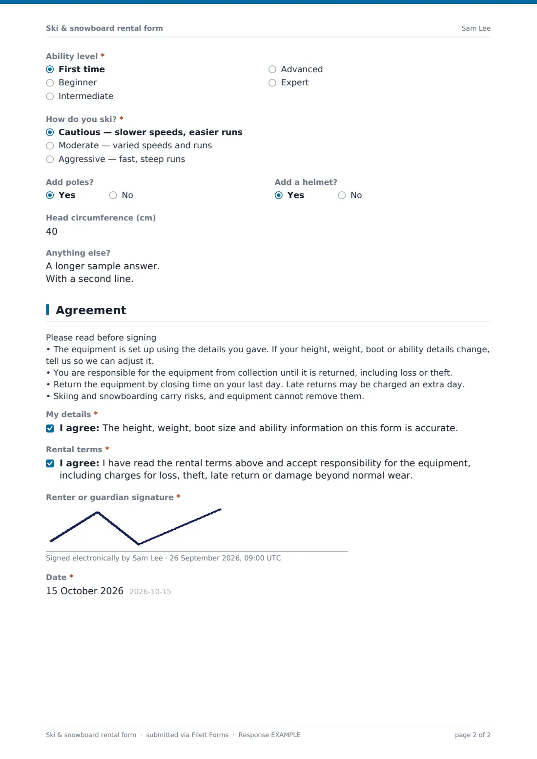 Ski & snowboard rental form — example response PDF, page 2 of 2