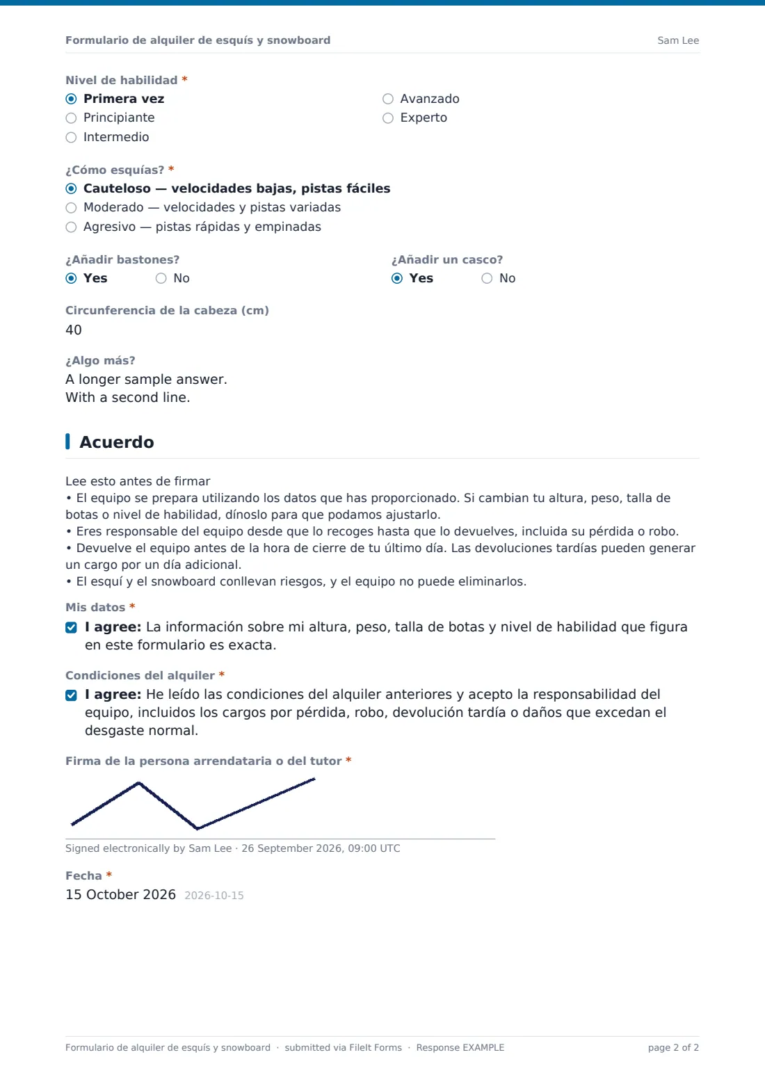 Formulario de alquiler de esquís y snowboard — PDF de respuesta de ejemplo, página 2 de 2