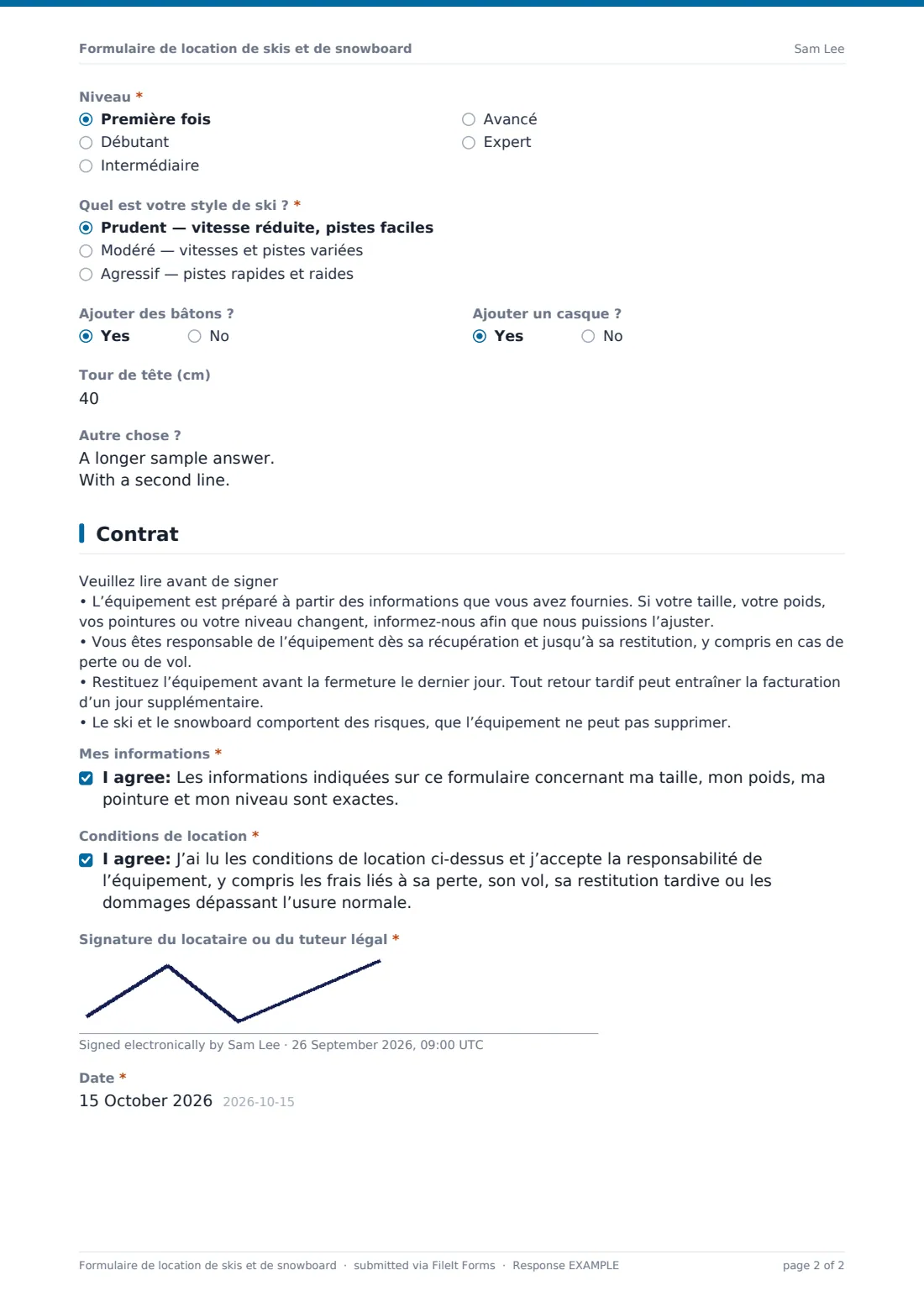 Formulaire de location de skis et de snowboard — exemple de réponse au format PDF, page 2 sur 2