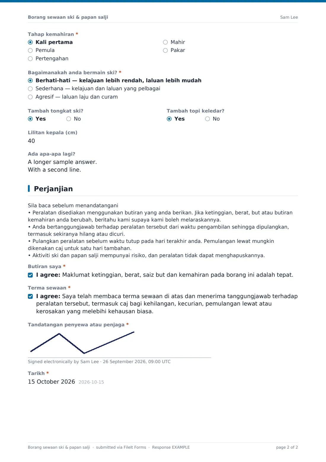 Borang sewaan ski & papan salji — PDF respons contoh, halaman 2 daripada 2