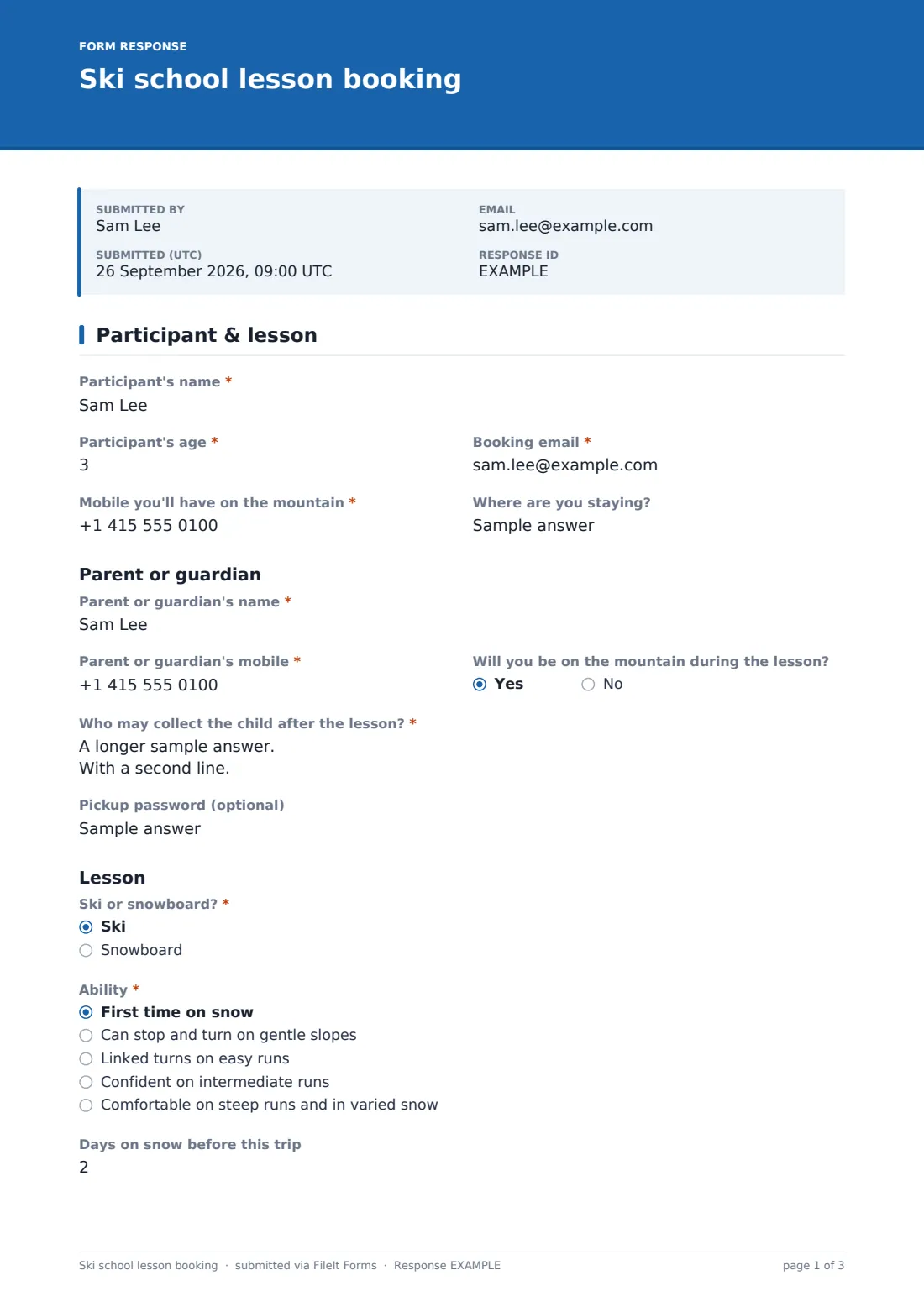 Ski school lesson booking — example response PDF, page 1 of 3