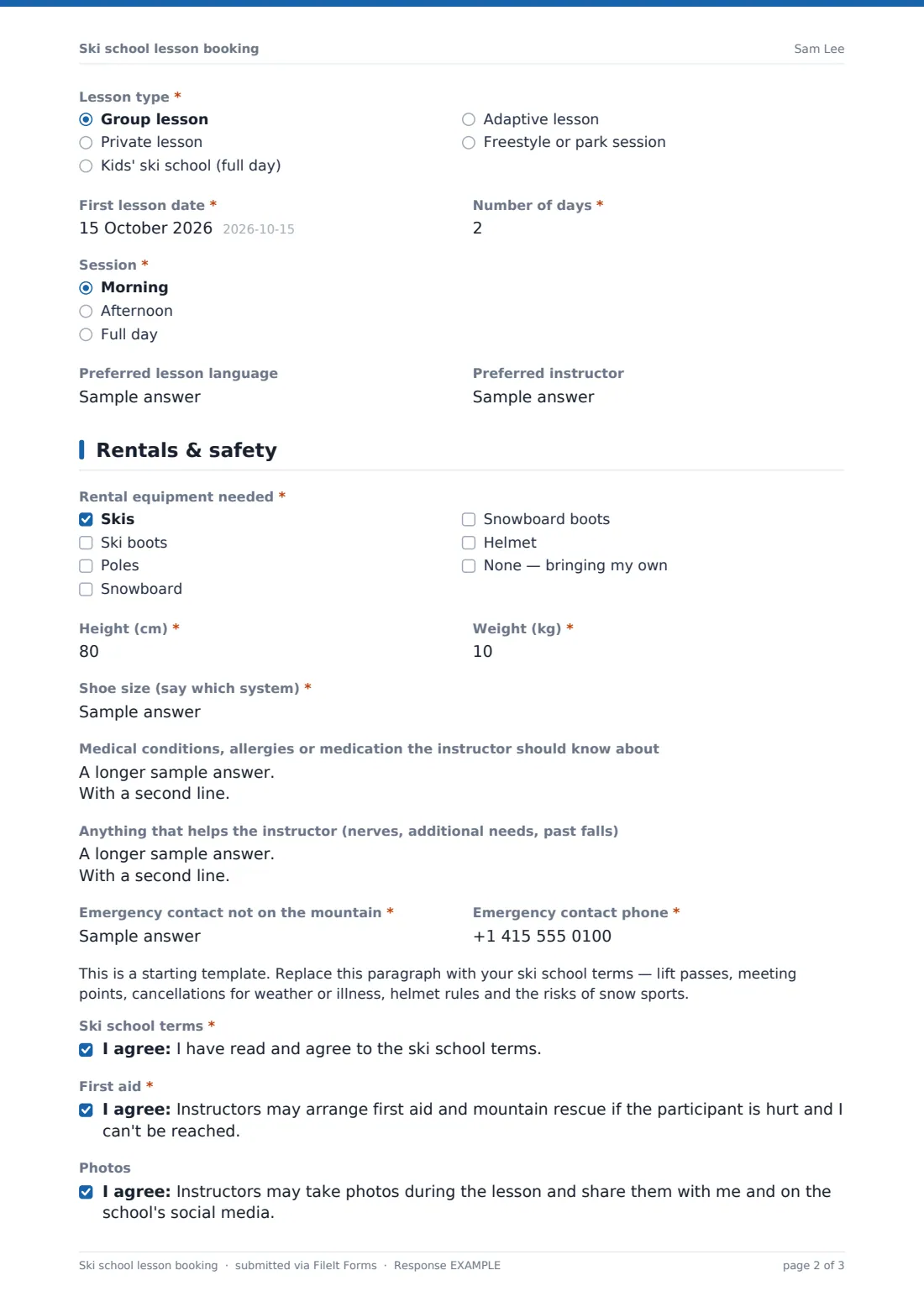 Ski school lesson booking — example response PDF, page 2 of 3