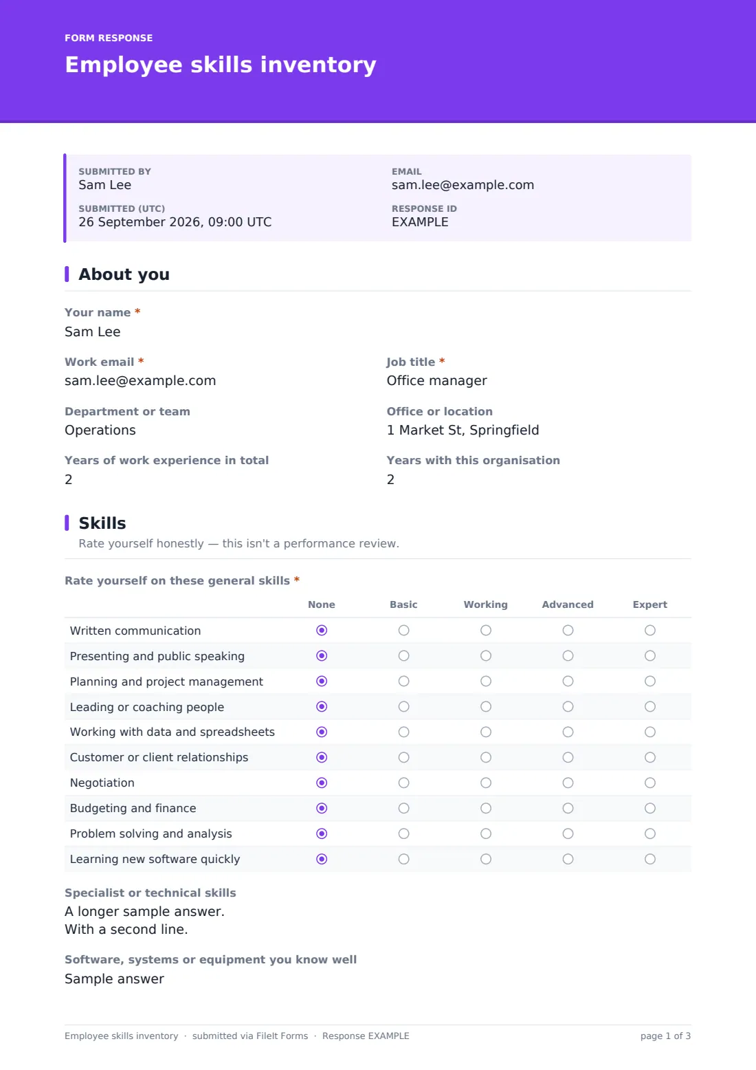 Employee skills inventory — example response PDF, page 1 of 3