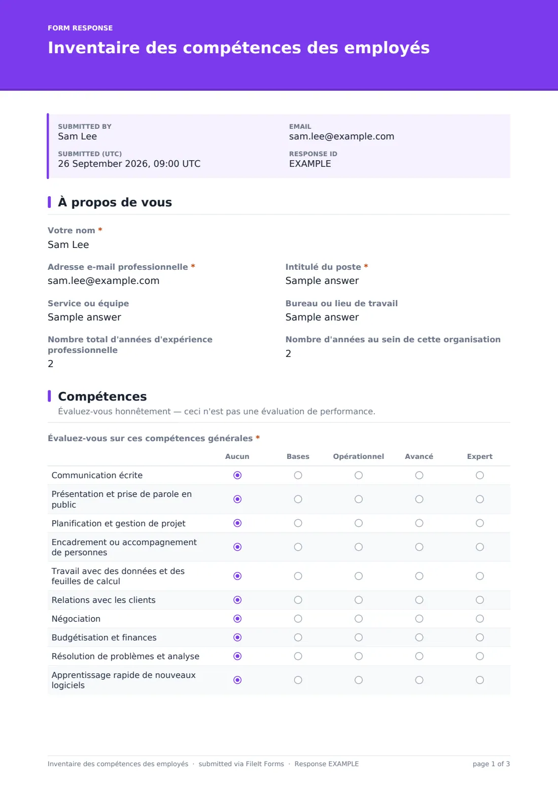 Inventaire des compétences des employés — exemple de réponse au format PDF, page 1 sur 3