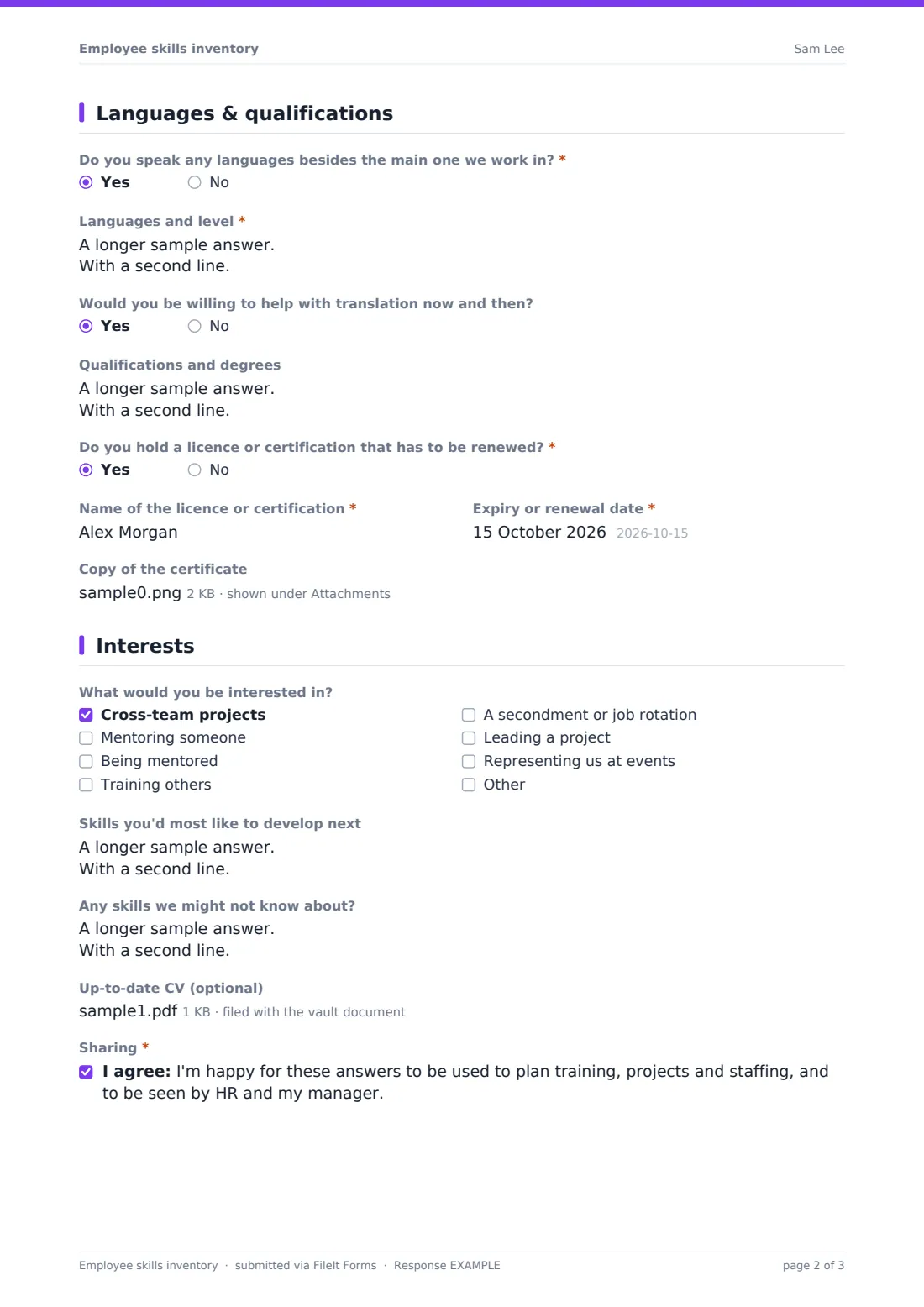 Employee skills inventory — example response PDF, page 2 of 3