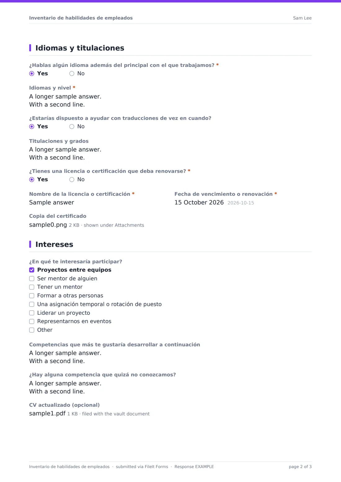 Inventario de habilidades de empleados — PDF de respuesta de ejemplo, página 2 de 3
