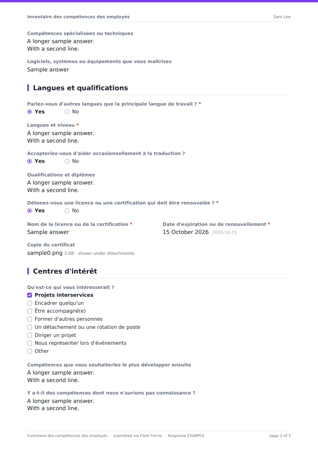 Inventaire des compétences des employés — exemple de réponse au format PDF, page 2 sur 3