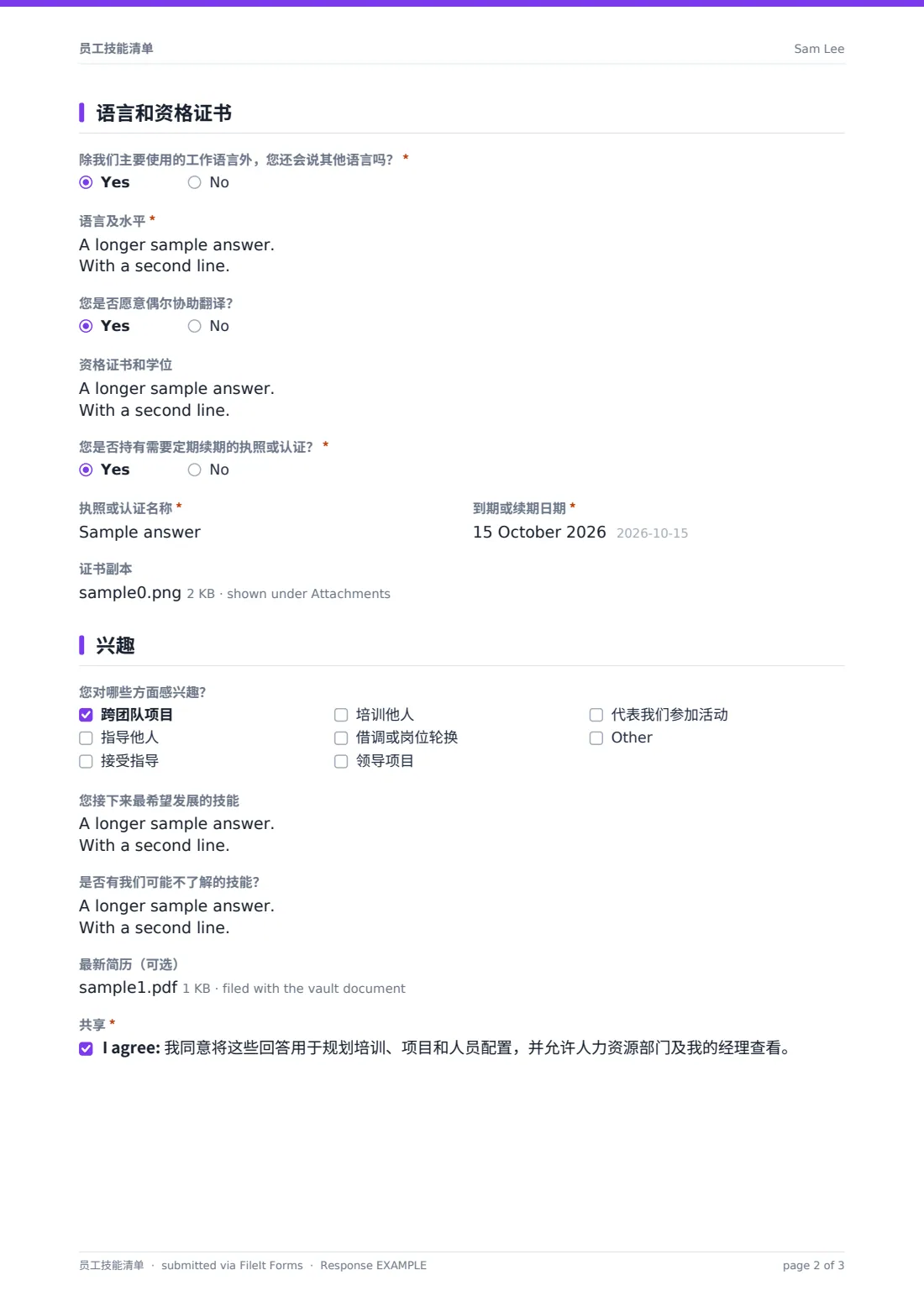 员工技能清单 — 示例回复 PDF，第 2 页，共 3 页