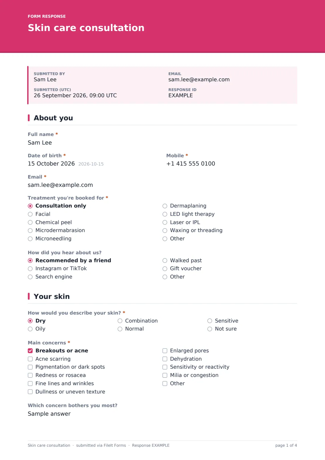 Skin care consultation — example response PDF, page 1 of 4