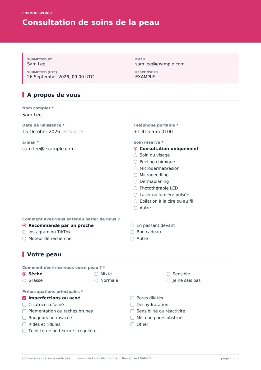 Consultation de soins de la peau — exemple de réponse au format PDF, page 1 sur 5