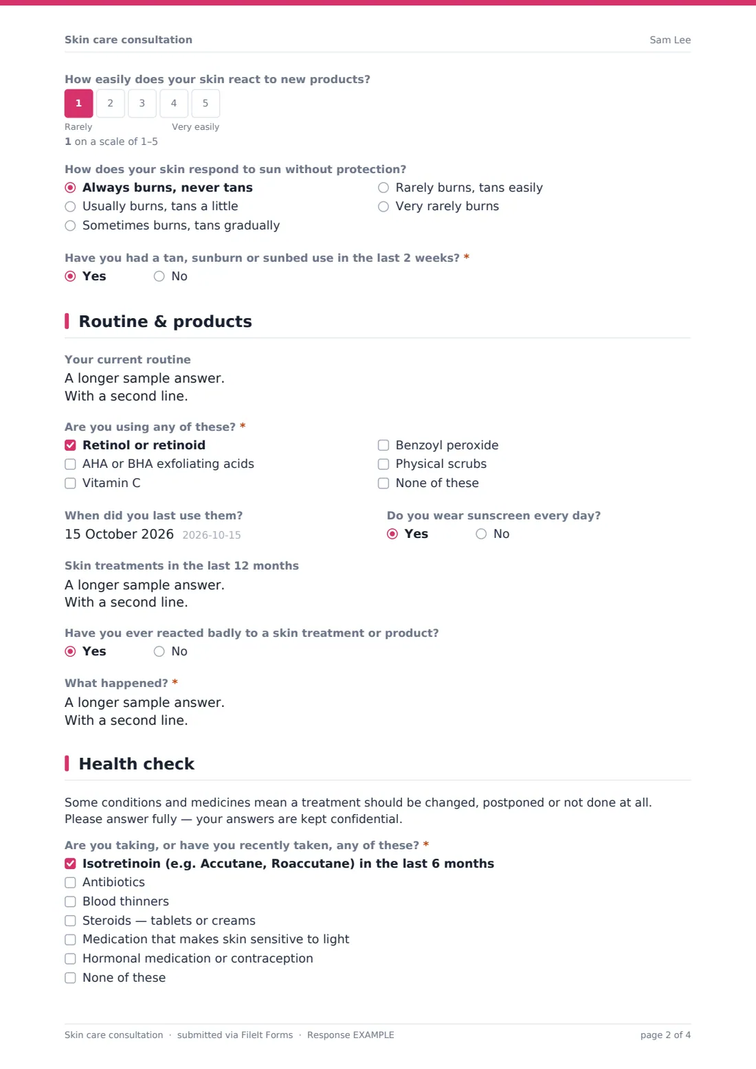 Skin care consultation — example response PDF, page 2 of 4