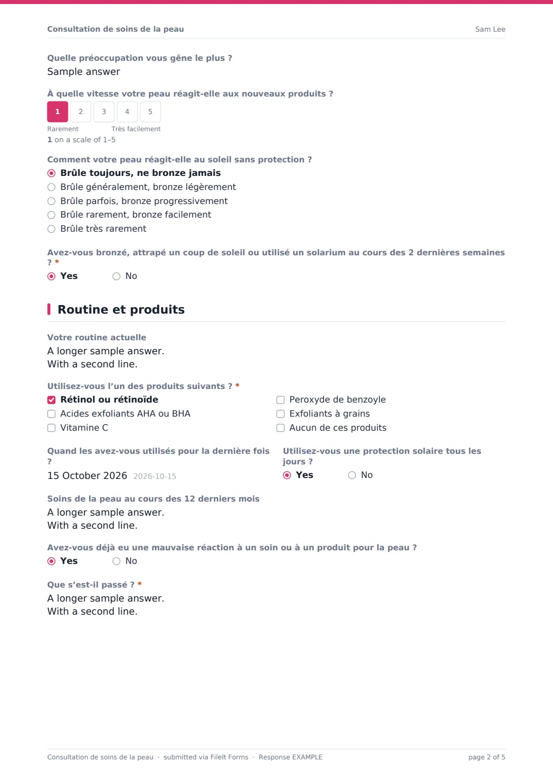 Consultation de soins de la peau — exemple de réponse au format PDF, page 2 sur 5
