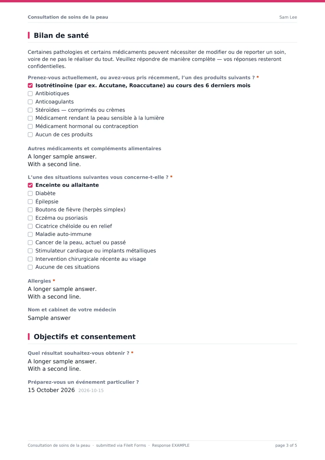Consultation de soins de la peau — exemple de réponse au format PDF, page 3 sur 5