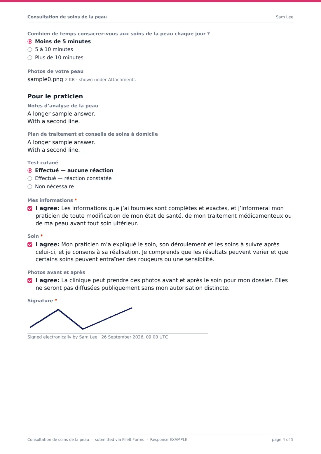 Consultation de soins de la peau — exemple de réponse au format PDF, page 4 sur 5