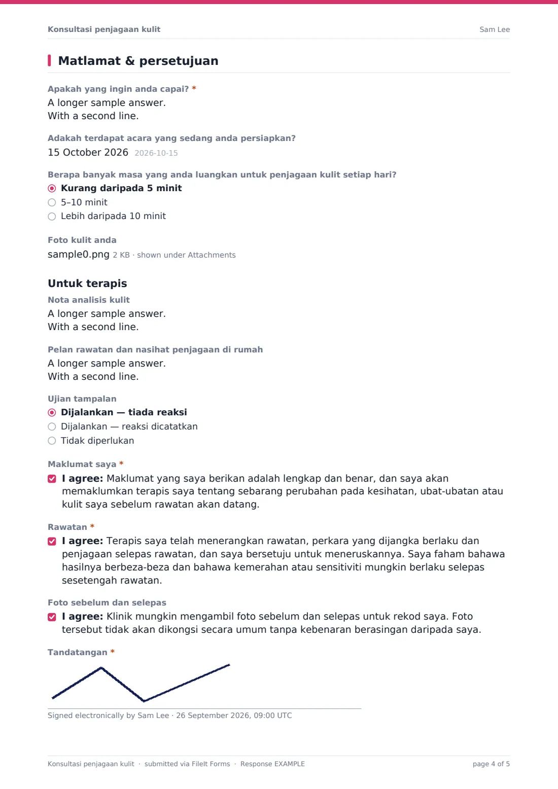 Konsultasi penjagaan kulit — PDF respons contoh, halaman 4 daripada 5