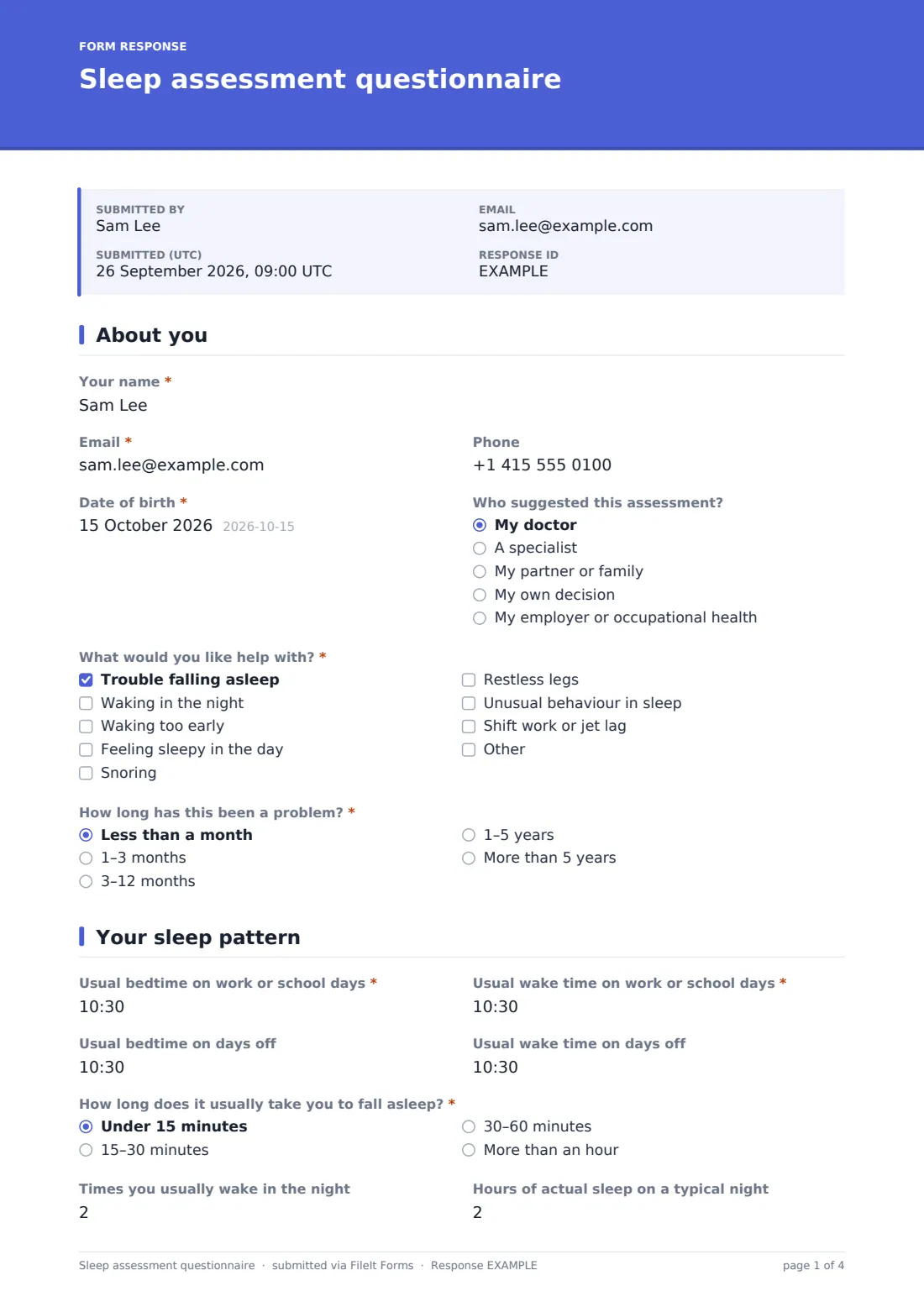 Sleep assessment questionnaire — example response PDF, page 1 of 4