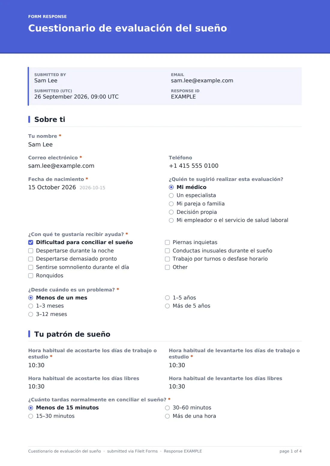 Cuestionario de evaluación del sueño — PDF de respuesta de ejemplo, página 1 de 4