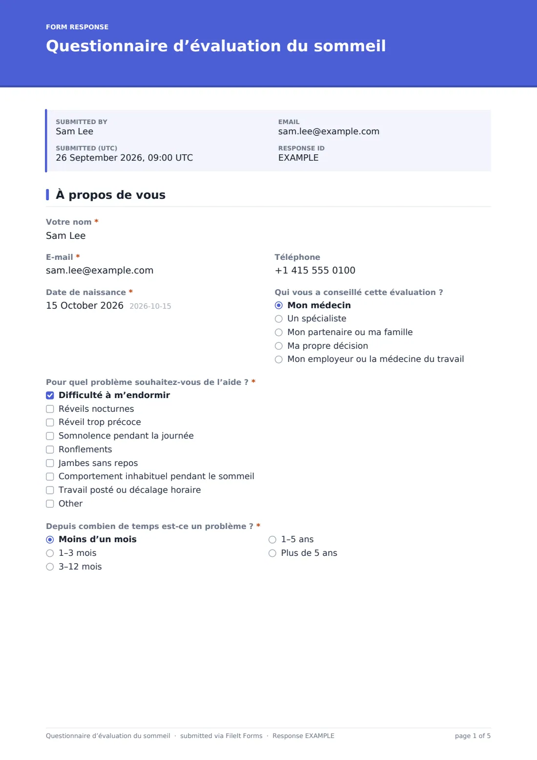 Questionnaire d’évaluation du sommeil — exemple de réponse au format PDF, page 1 sur 5