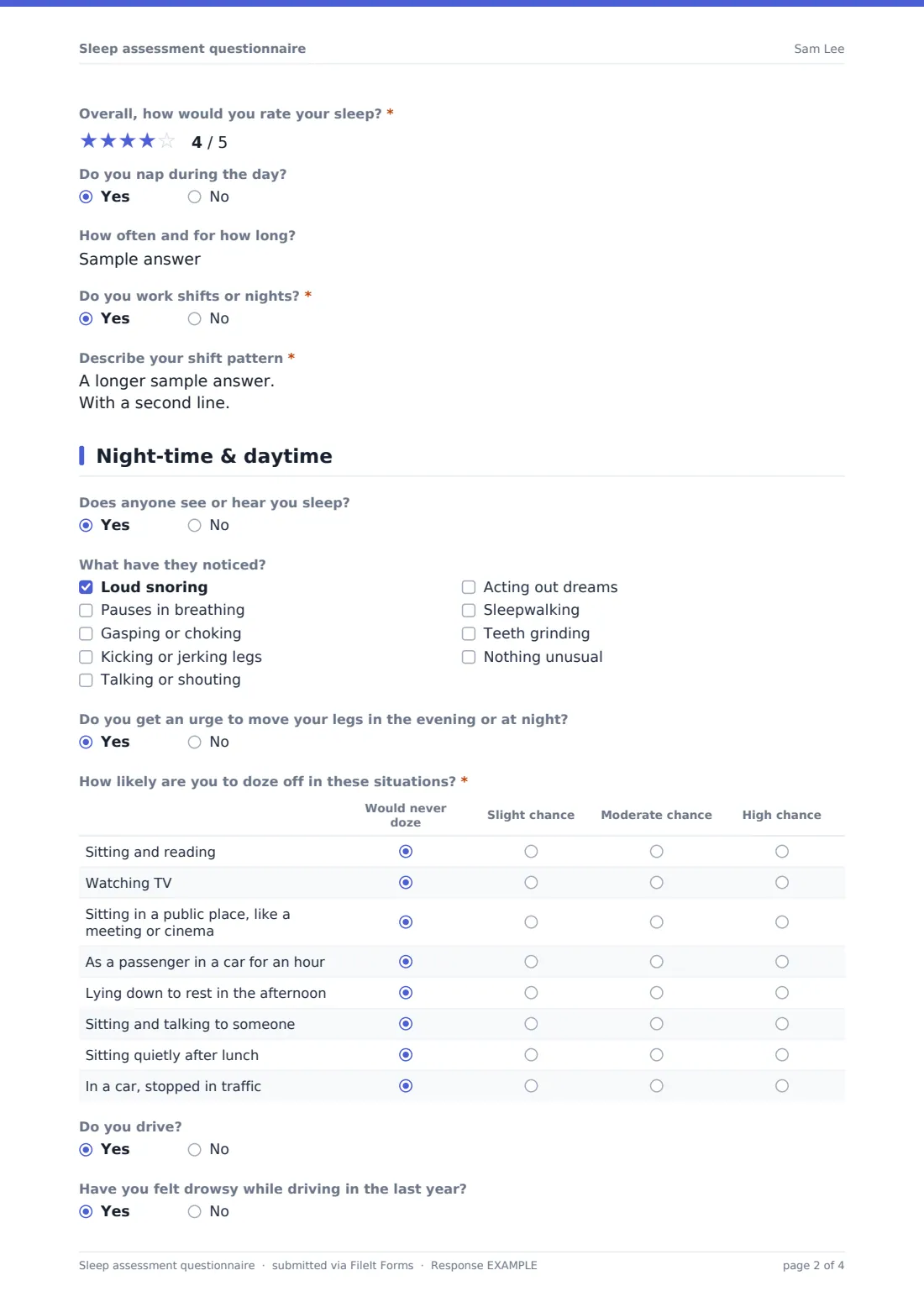 Sleep assessment questionnaire — example response PDF, page 2 of 4