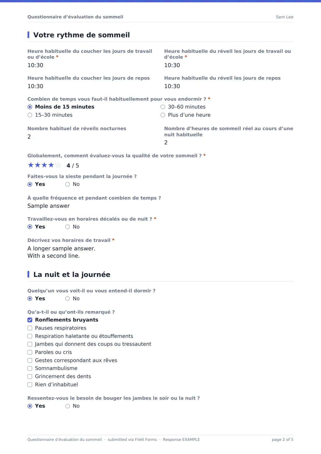 Questionnaire d’évaluation du sommeil — exemple de réponse au format PDF, page 2 sur 5