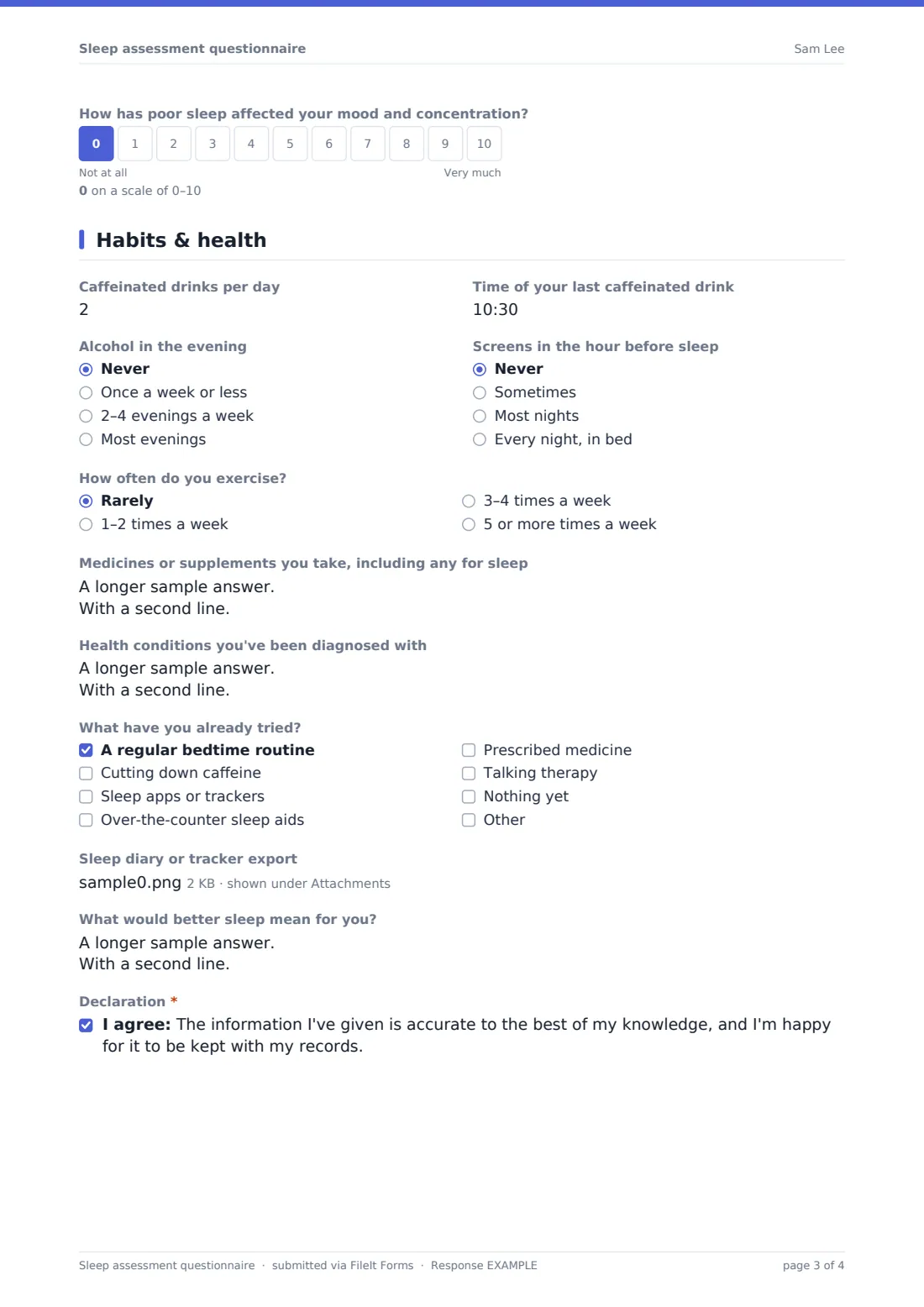 Sleep assessment questionnaire — example response PDF, page 3 of 4