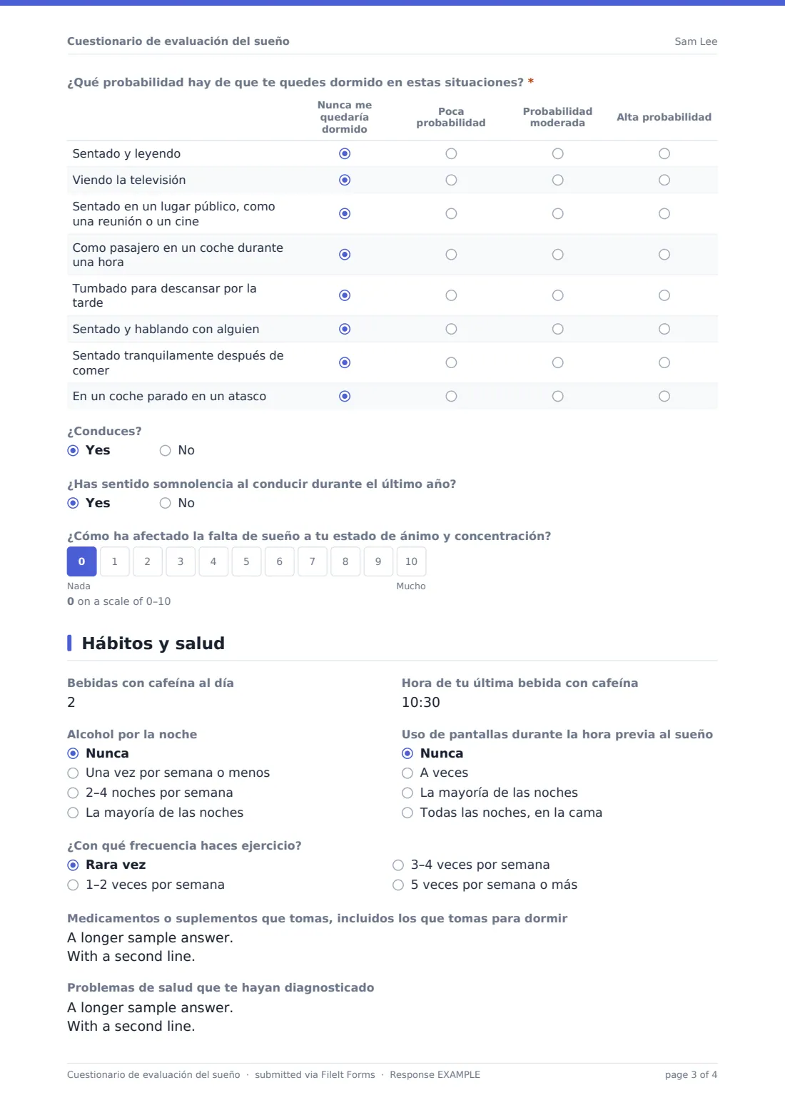 Cuestionario de evaluación del sueño — PDF de respuesta de ejemplo, página 3 de 4