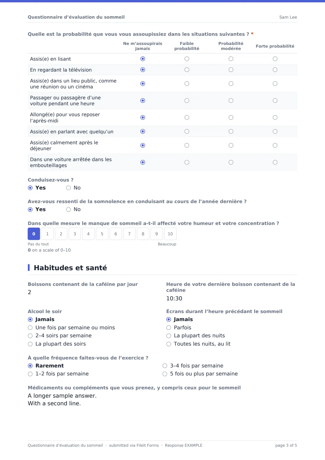 Questionnaire d’évaluation du sommeil — exemple de réponse au format PDF, page 3 sur 5