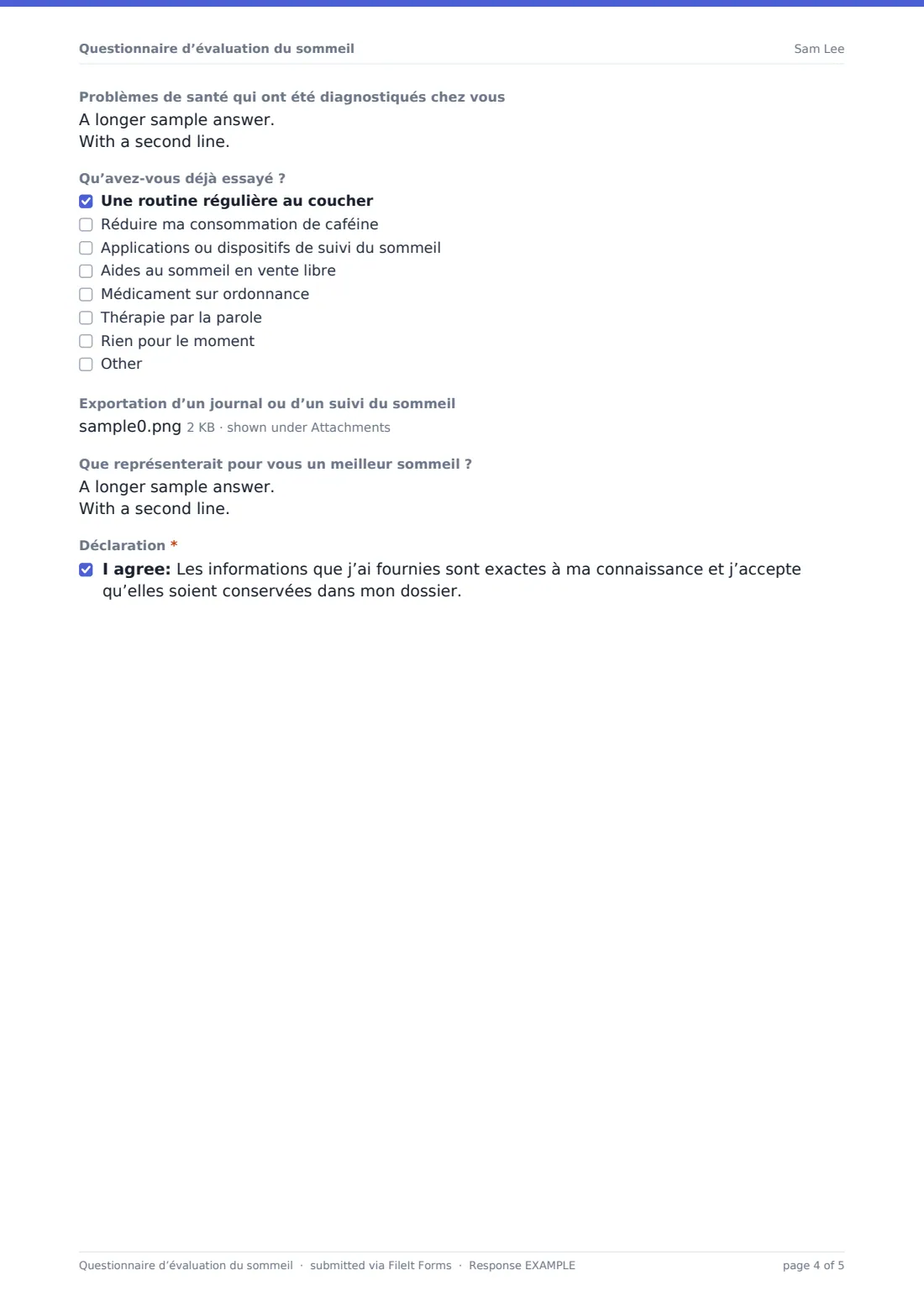 Questionnaire d’évaluation du sommeil — exemple de réponse au format PDF, page 4 sur 5
