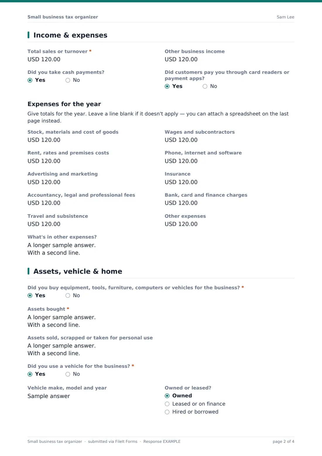 Small business tax organizer — example response PDF, page 2 of 4