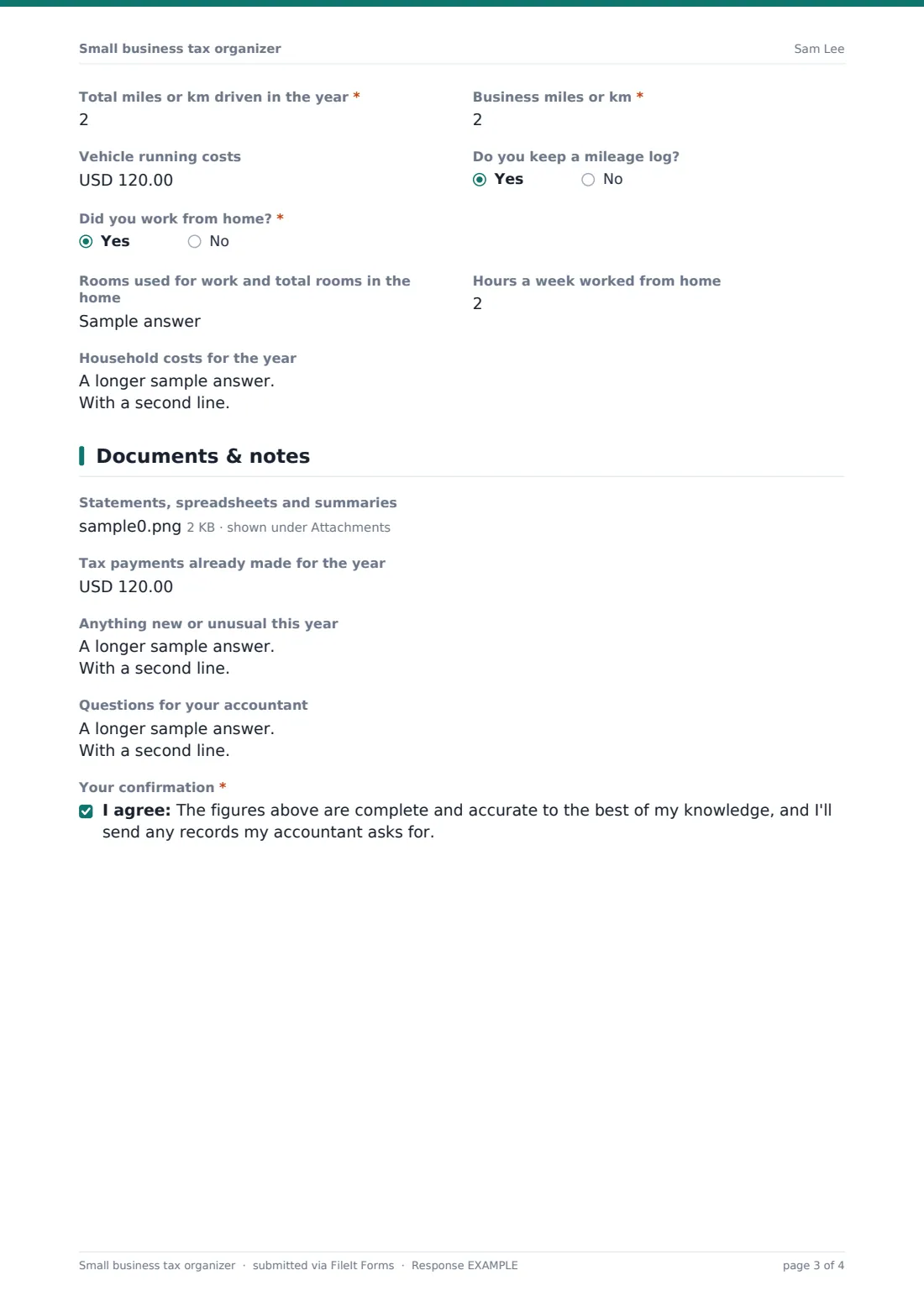 Small business tax organizer — example response PDF, page 3 of 4