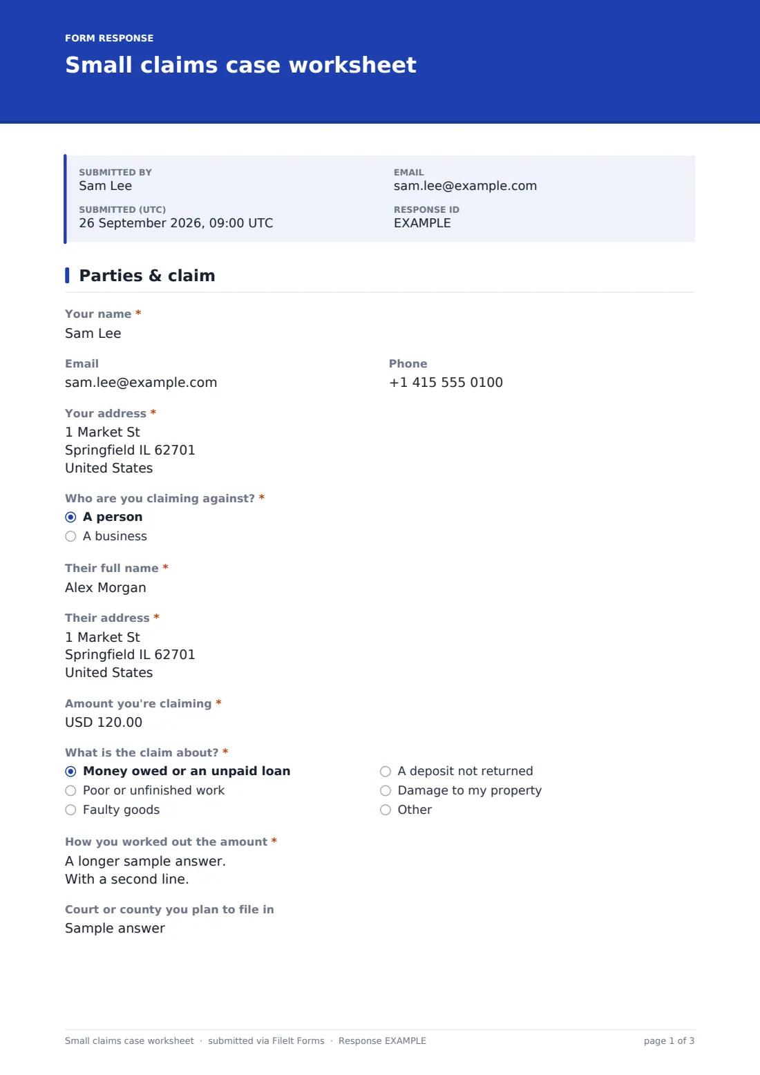 Small claims case worksheet — example response PDF, page 1 of 3