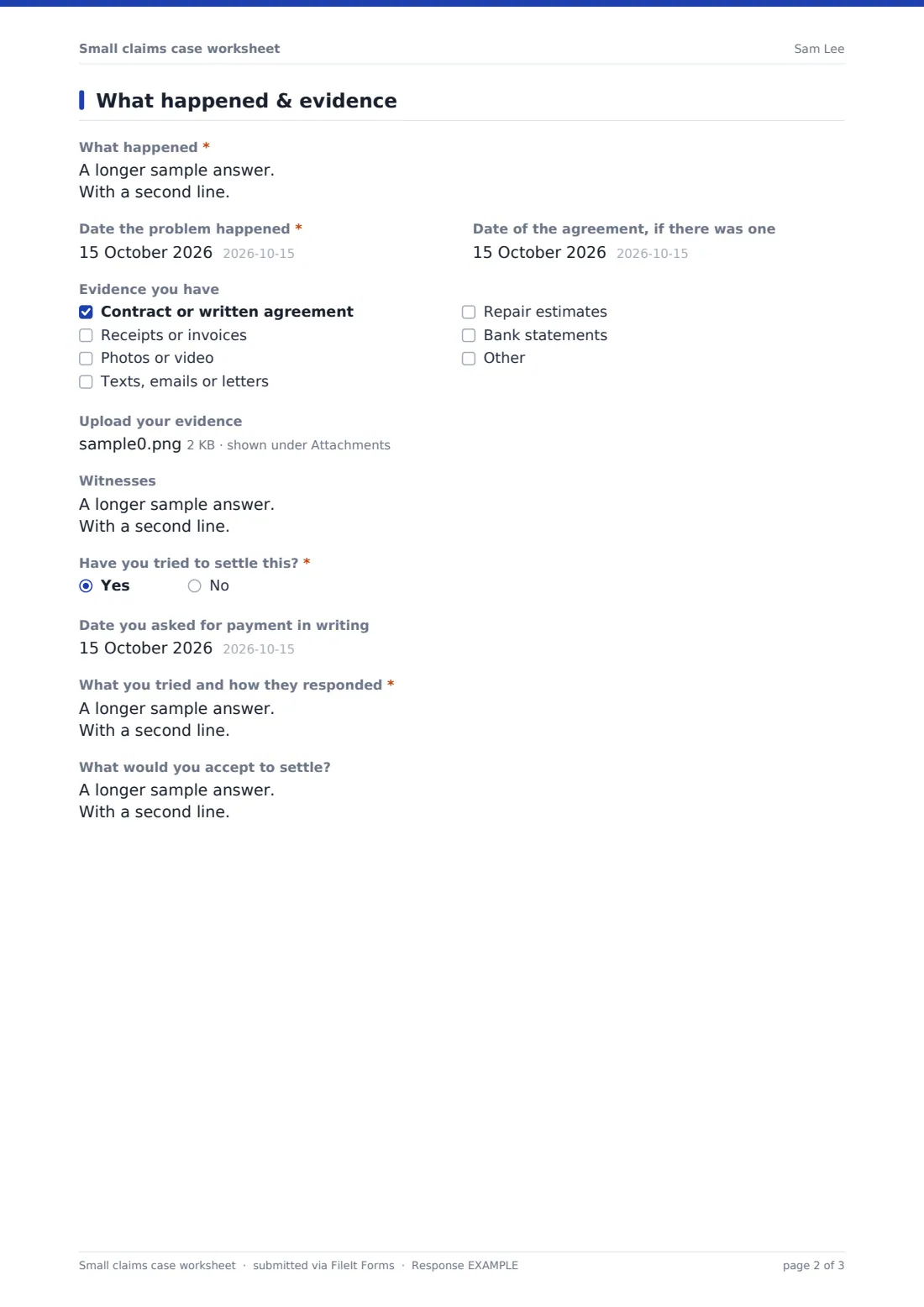 Small claims case worksheet — example response PDF, page 2 of 3