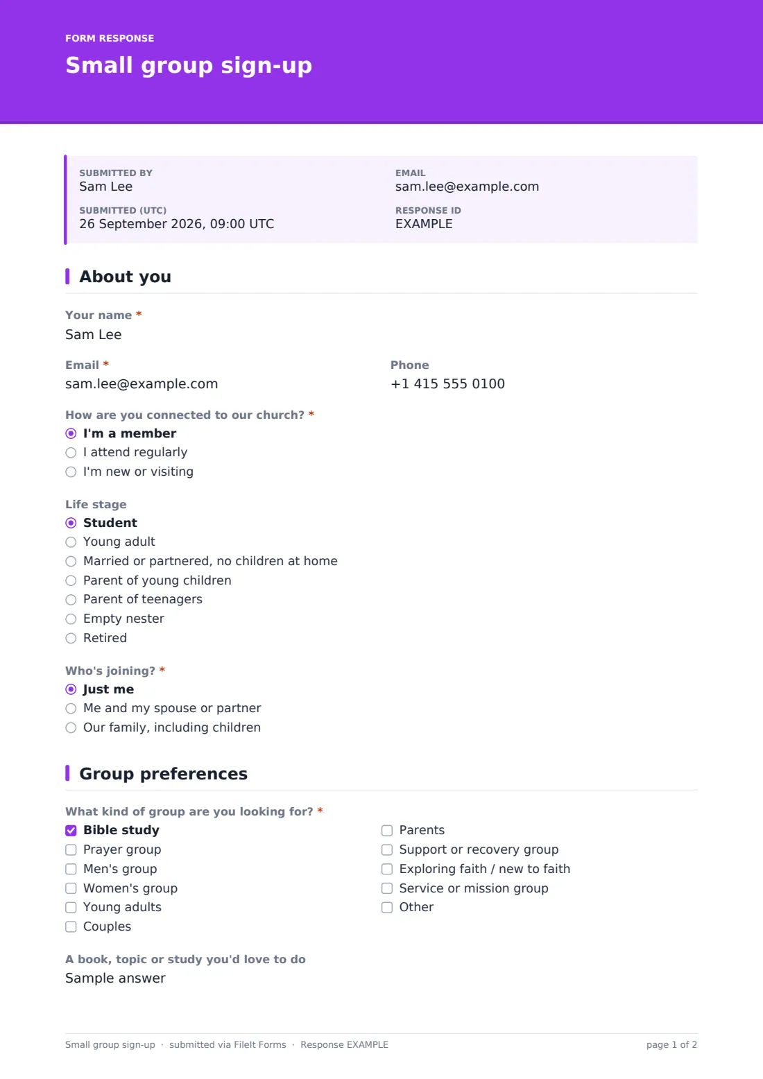 Small group sign-up — example response PDF, page 1 of 2