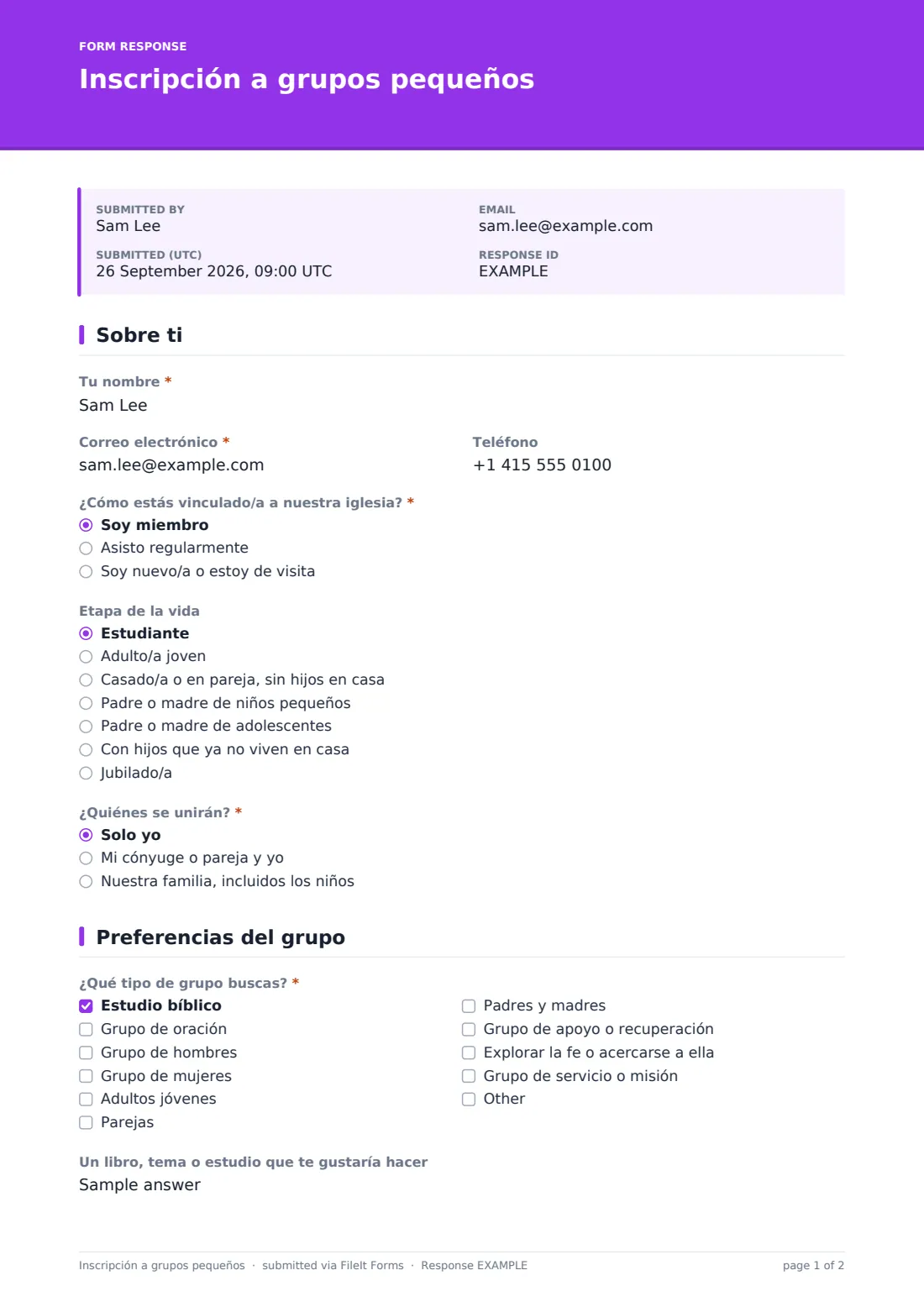 Inscripción a grupos pequeños — PDF de respuesta de ejemplo, página 1 de 2