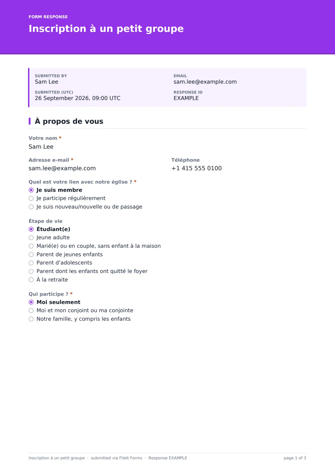 Inscription à un petit groupe — exemple de réponse au format PDF, page 1 sur 3