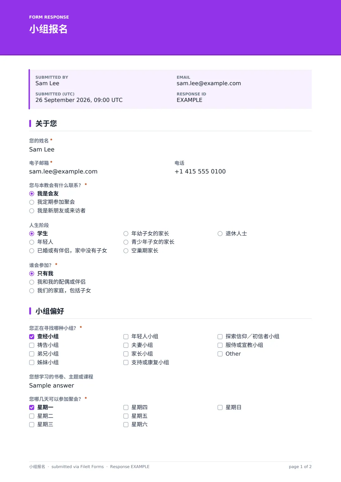 小组报名 — 示例回复 PDF，第 1 页，共 2 页