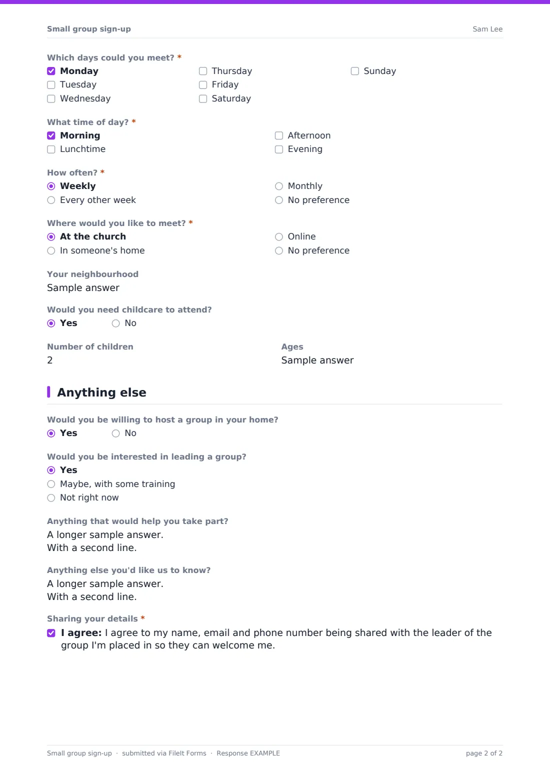 Small group sign-up — example response PDF, page 2 of 2
