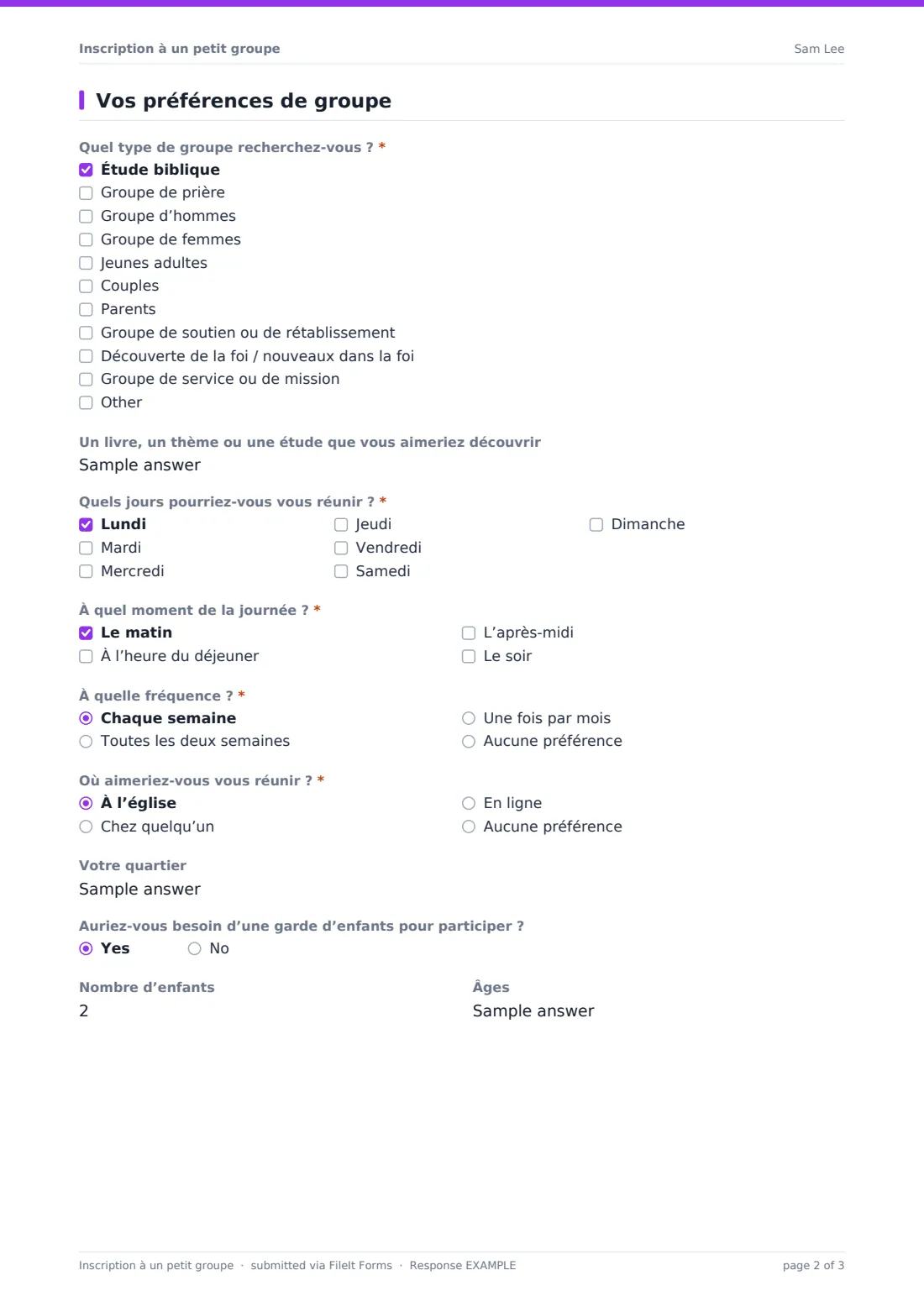 Inscription à un petit groupe — exemple de réponse au format PDF, page 2 sur 3