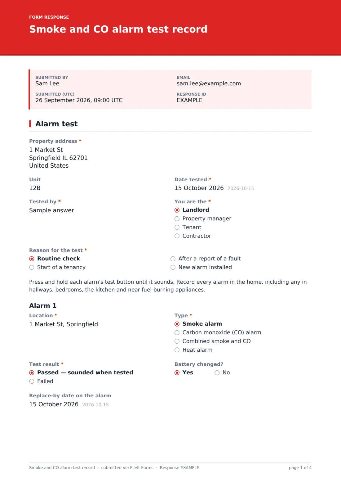 Smoke and CO alarm test record — example response PDF, page 1 of 4