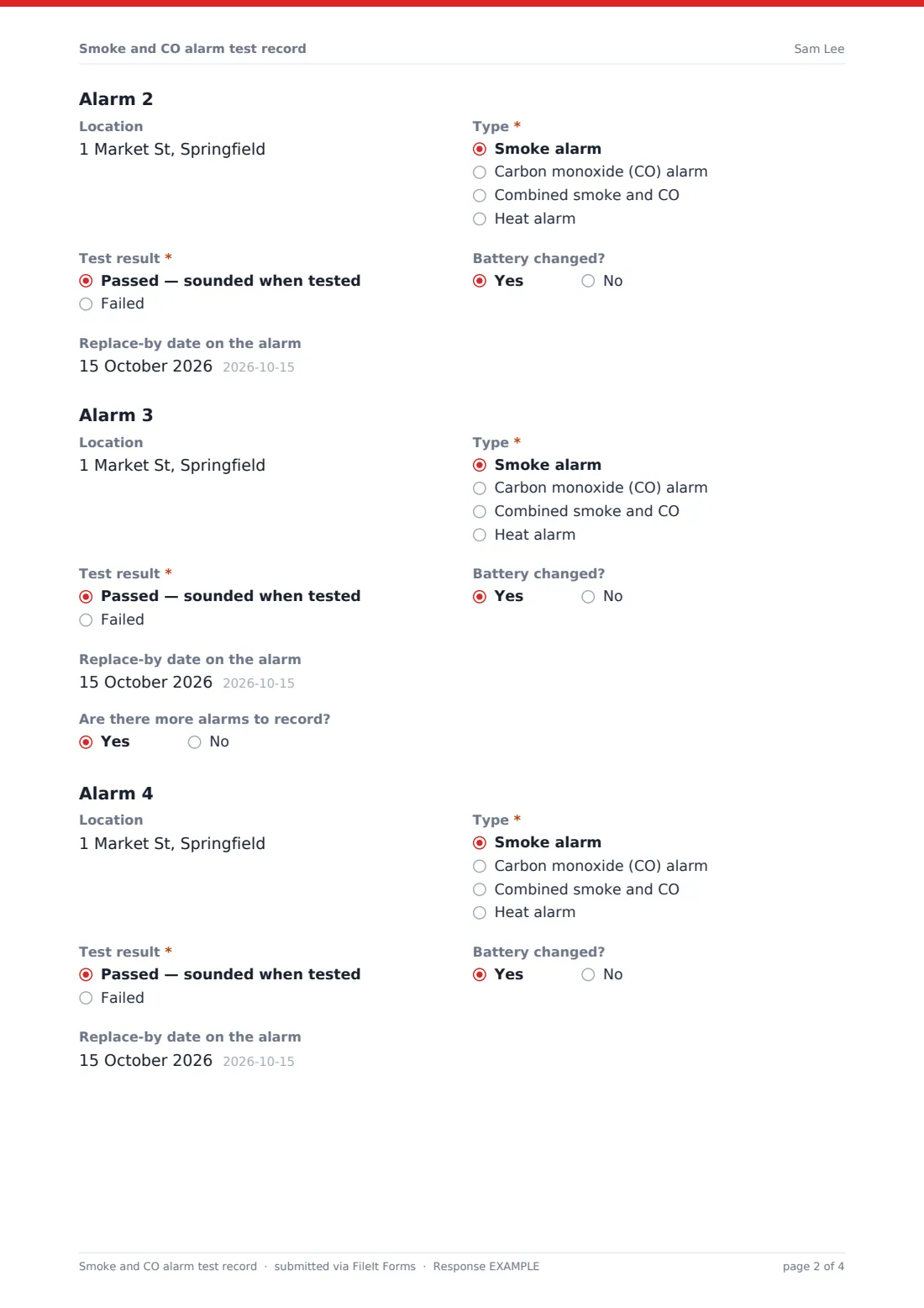 Smoke and CO alarm test record — example response PDF, page 2 of 4