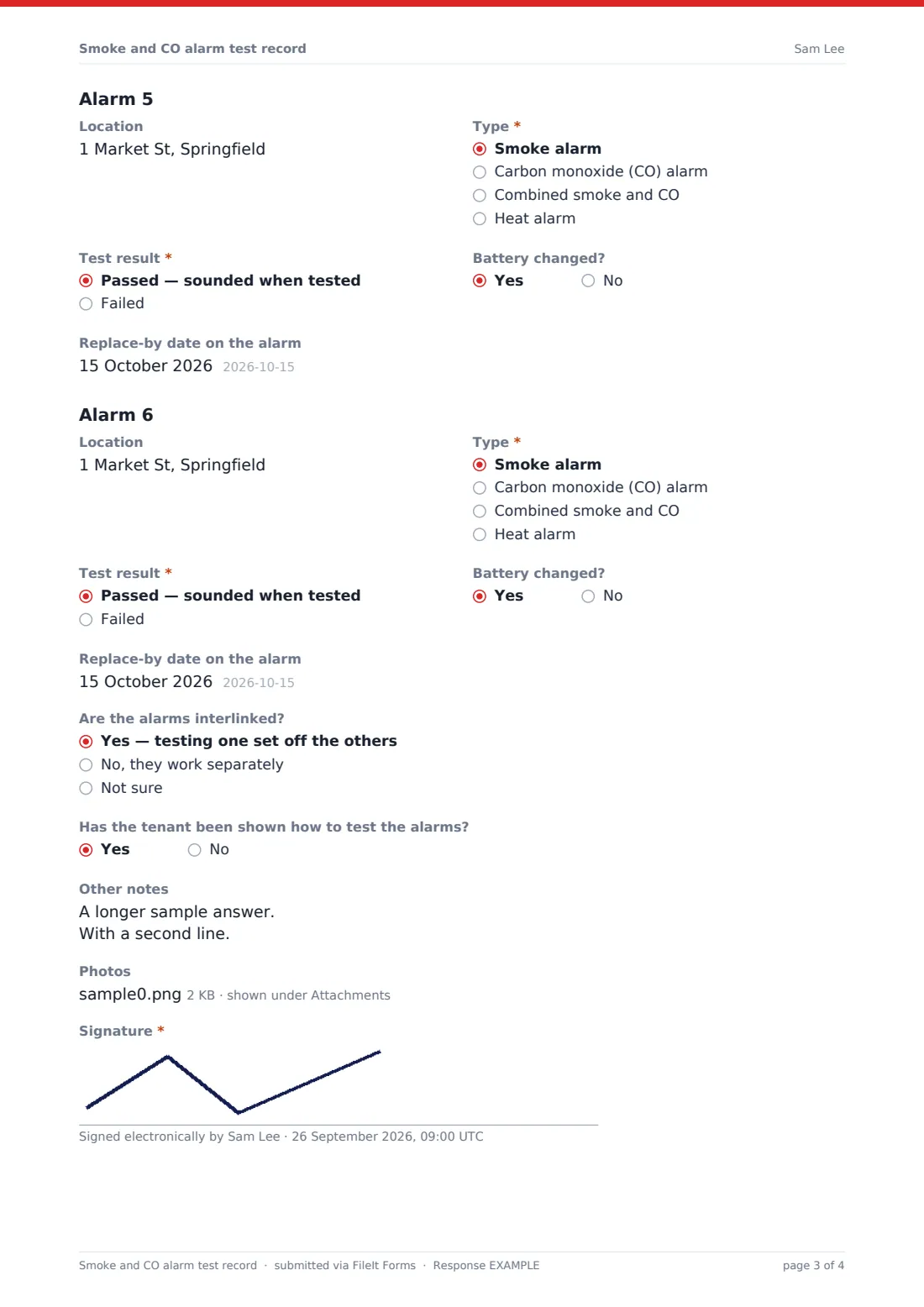 Smoke and CO alarm test record — example response PDF, page 3 of 4
