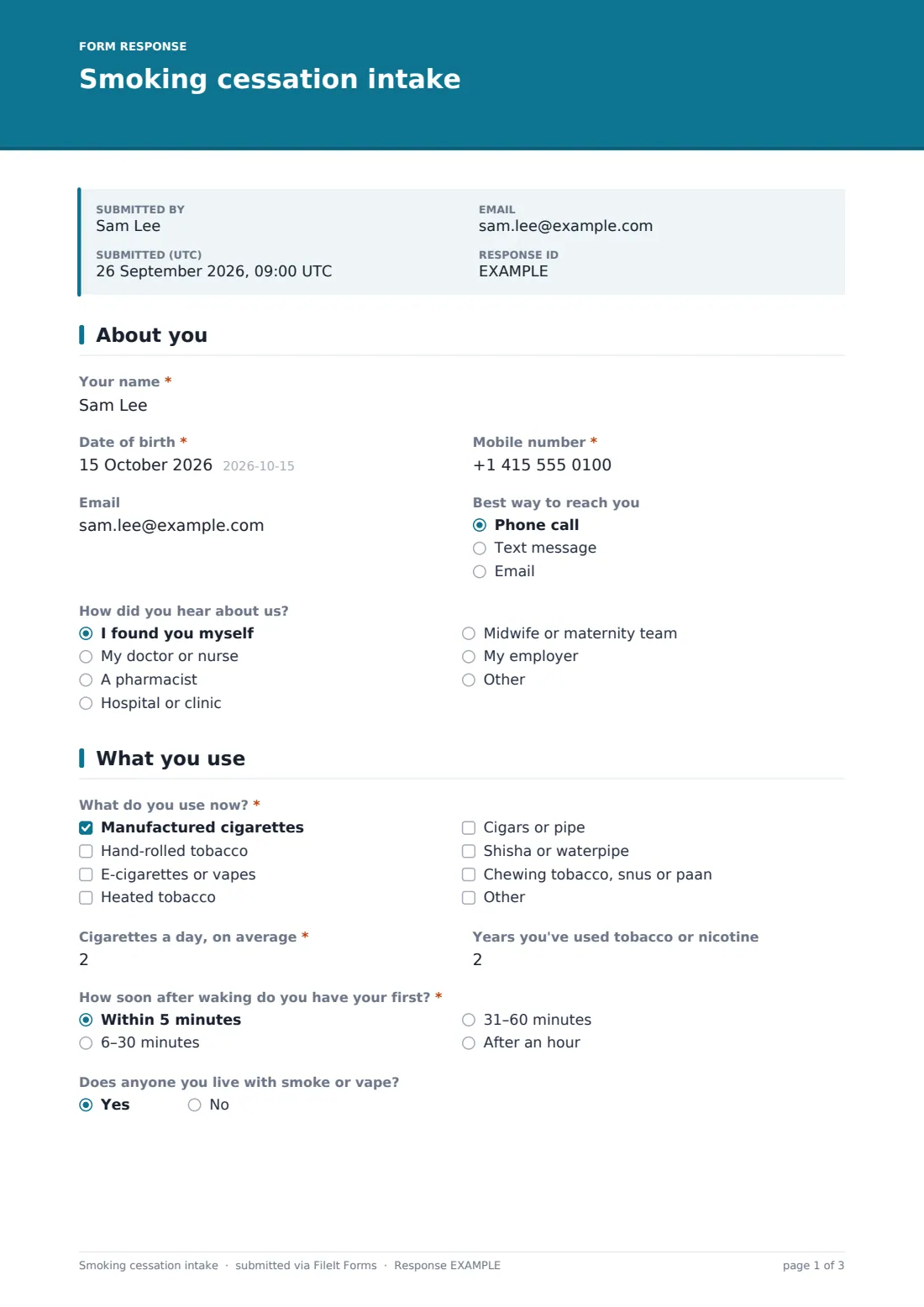 Smoking cessation intake — example response PDF, page 1 of 3