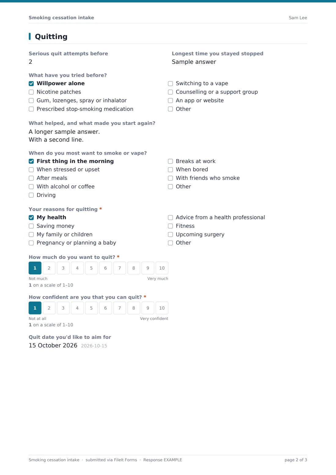 Smoking cessation intake — example response PDF, page 2 of 3