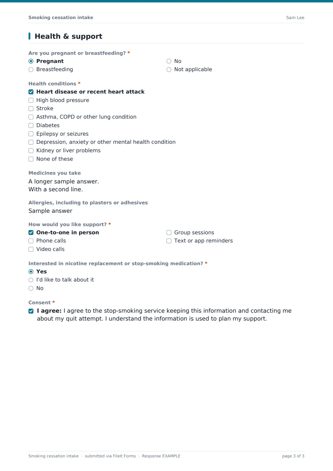 Smoking cessation intake — example response PDF, page 3 of 3