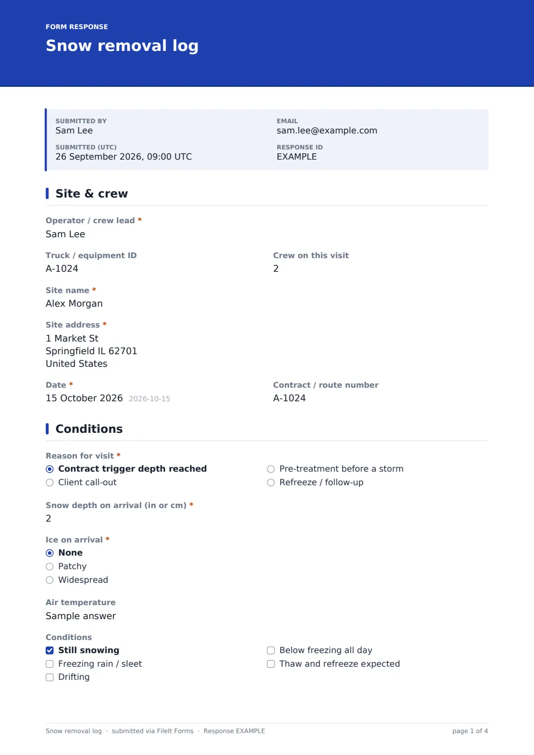 Snow removal log — example response PDF, page 1 of 4